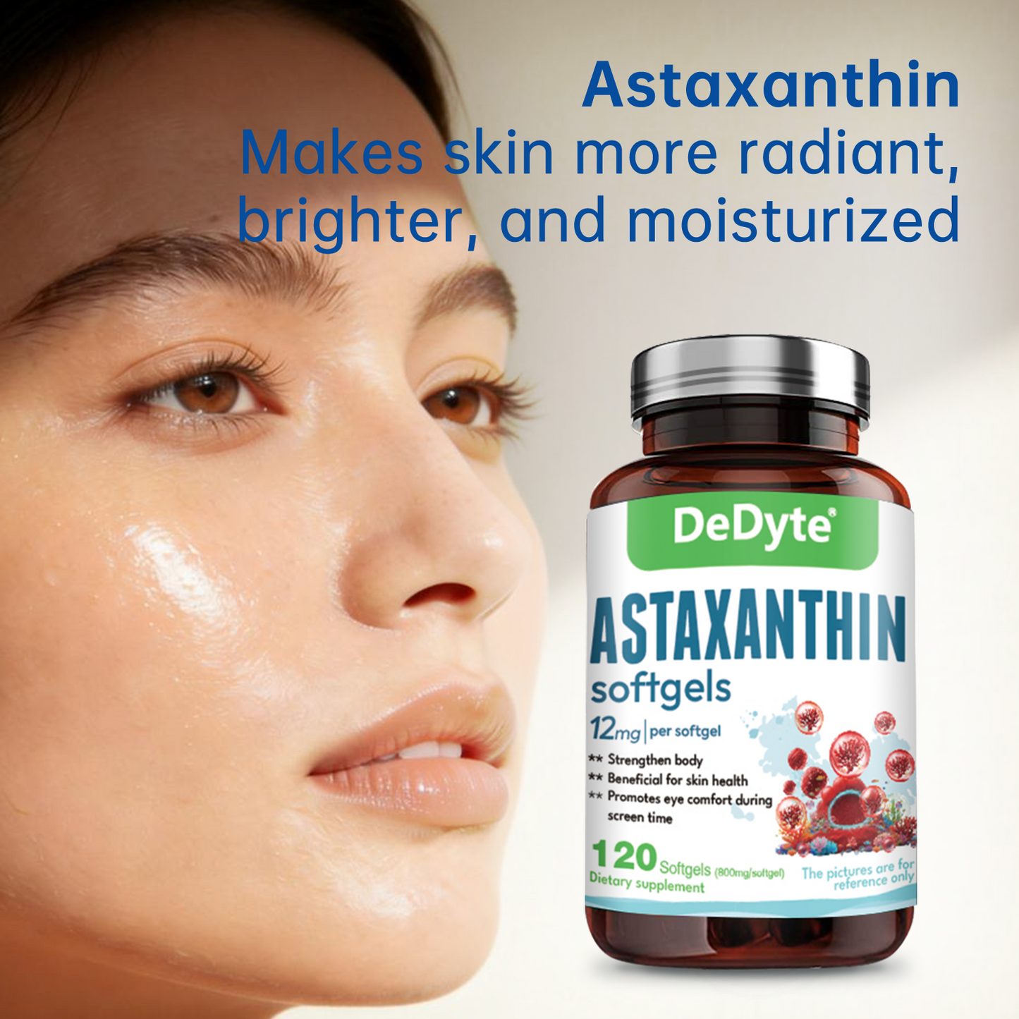 DeDyte Astaxanthin Supplements 120 softgels, Anti-Aging, Antienvejecimiento, Reduce Wrinkles, Arrugas, Glowing Skin & Skin Health, Natural Antioxidant