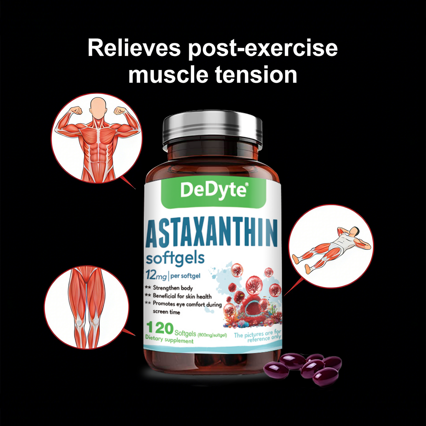 DeDyte Astaxanthin Supplements 120 softgels, Anti-Aging, Antienvejecimiento, Reduce Wrinkles, Arrugas, Glowing Skin & Skin Health, Natural Antioxidant