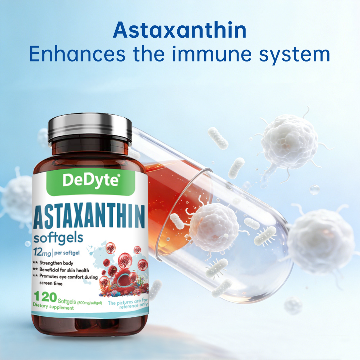 DeDyte Astaxanthin Supplements 120 softgels, Anti-Aging, Antienvejecimiento, Reduce Wrinkles, Arrugas, Glowing Skin & Skin Health, Natural Antioxidant