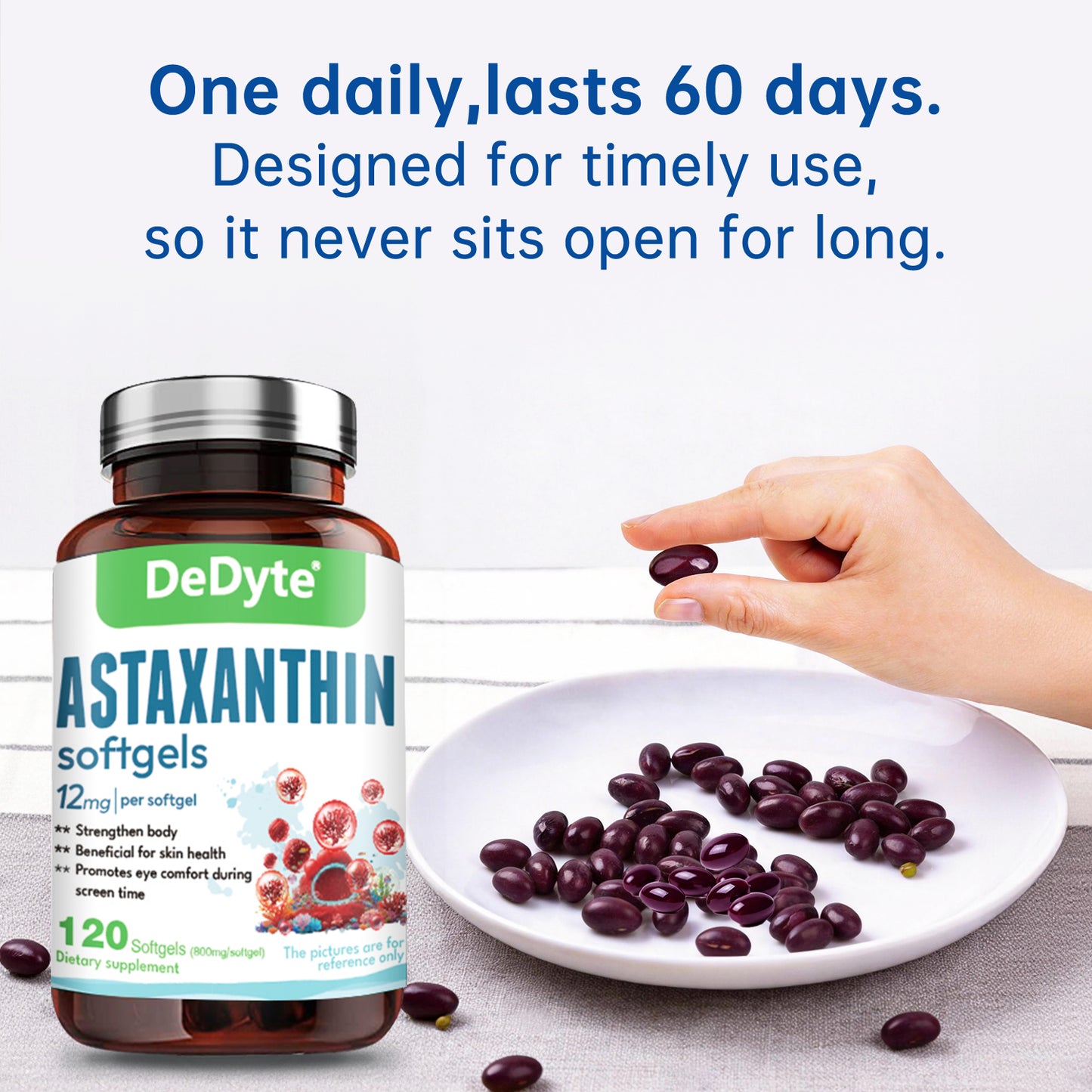 DeDyte Astaxanthin Supplements 120 softgels, Anti-Aging, Antienvejecimiento, Reduce Wrinkles, Arrugas, Glowing Skin & Skin Health, Natural Antioxidant